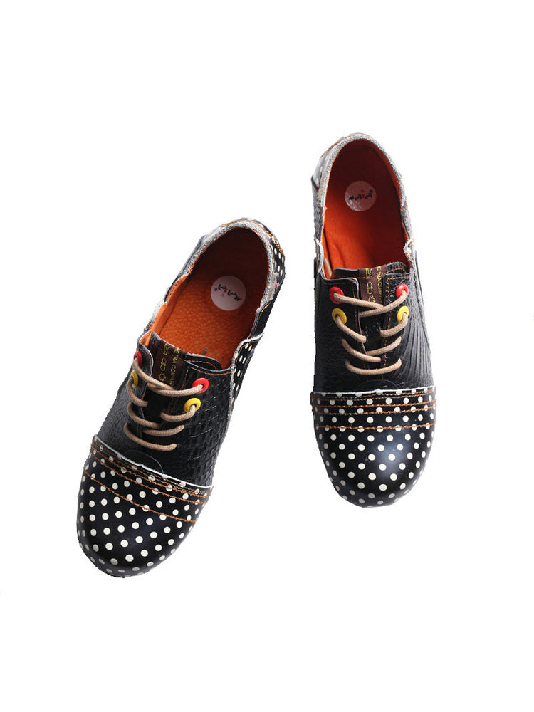 TMA EYES MAiA Retro Polka Dot Ankle Boots  Leather Low Heel Lace-Up