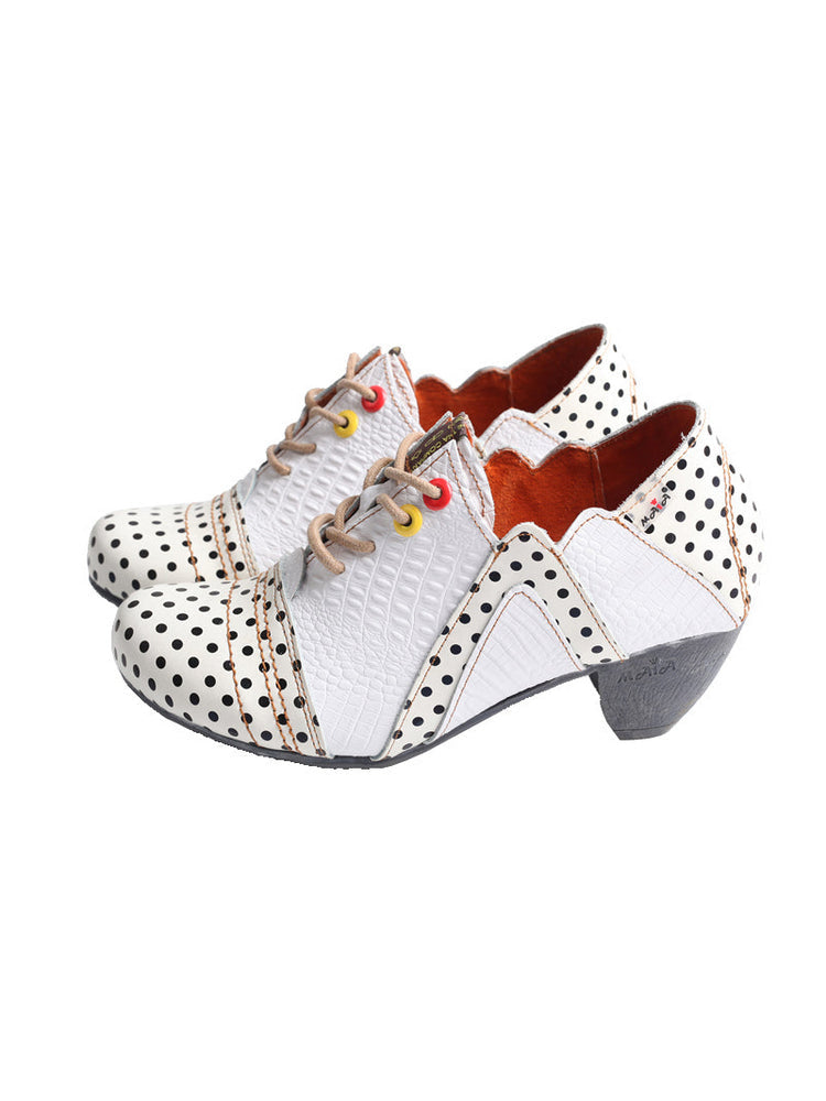 TMA EYES MAiA Retro Polka Dot Ankle Boots  Leather Low Heel Lace-Up