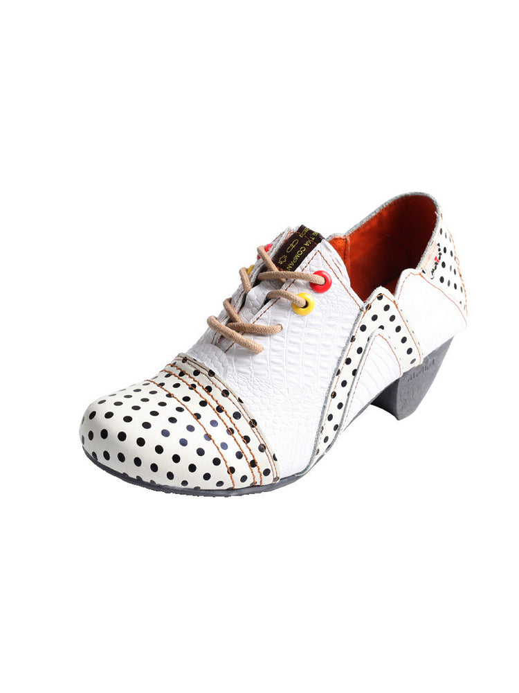 TMA EYES MAiA Retro Polka Dot Ankle Boots  Leather Low Heel Lace-Up