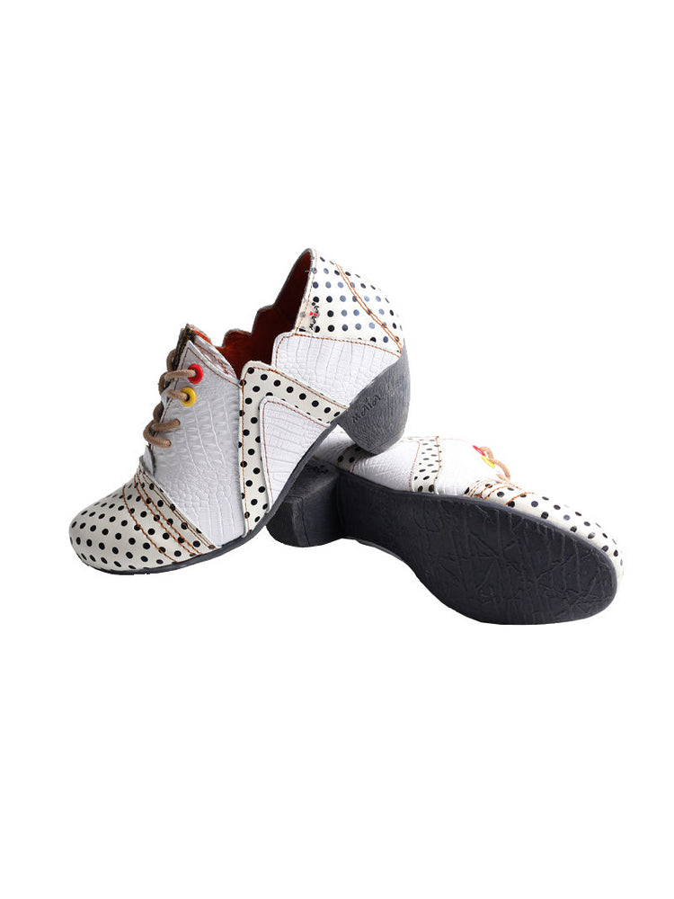 TMA EYES MAiA Retro Polka Dot Ankle Boots  Leather Low Heel Lace-Up