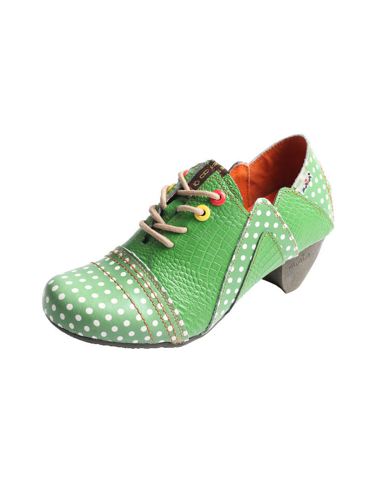 TMA EYES MAiA Retro Polka Dot Ankle Boots  Leather Low Heel Lace-Up