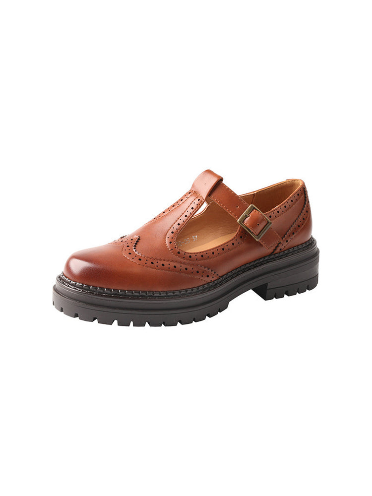 TMA EYES Platform Loafers Chunky T-Strap Hollow Round Toe Vintage Shoe