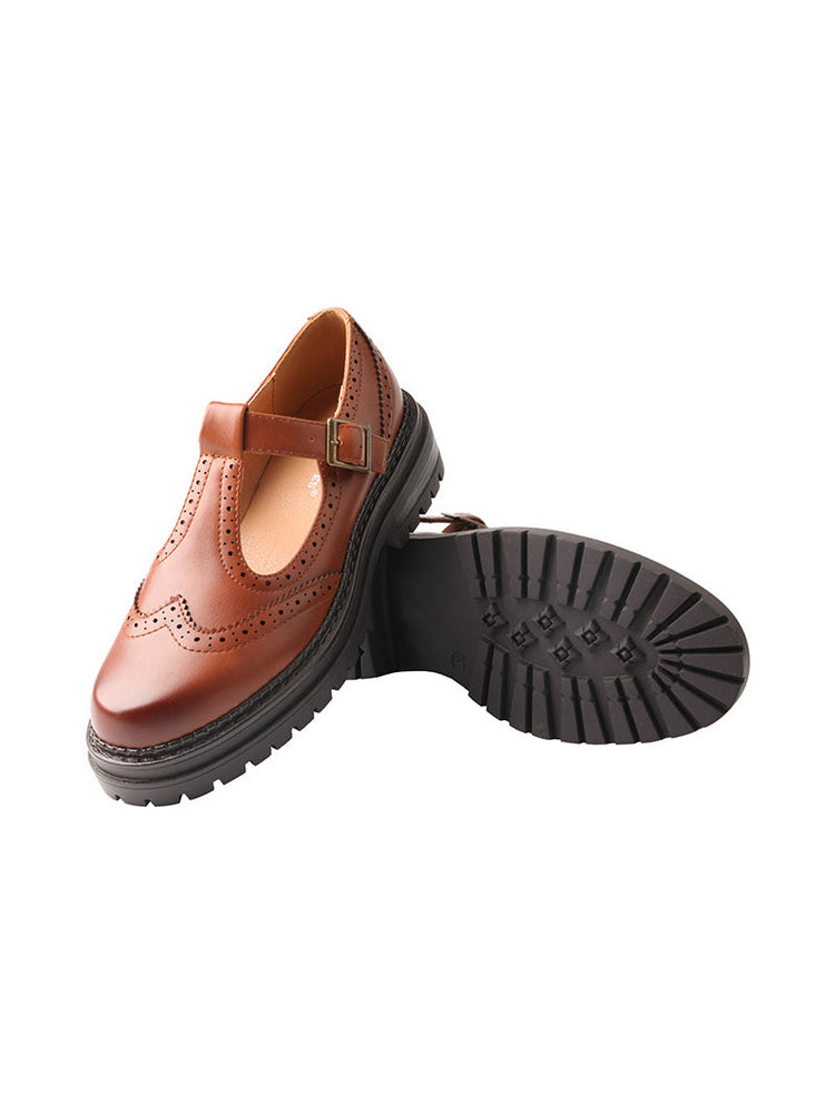 TMA EYES Platform Loafers Chunky T-Strap Hollow Round Toe Vintage Shoe