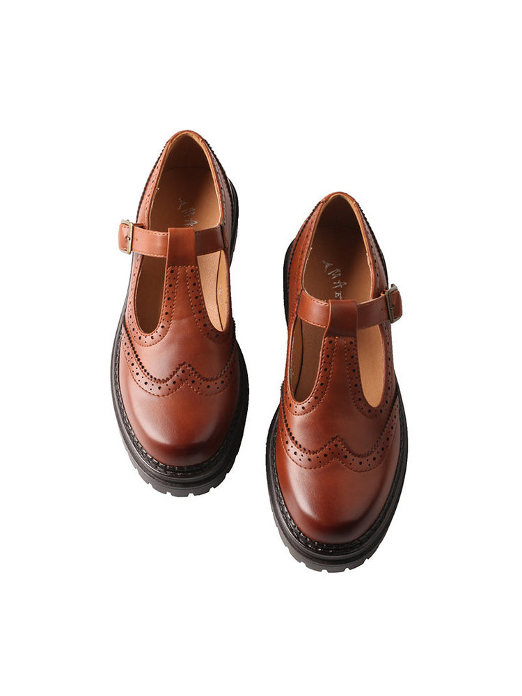 TMA EYES Platform Loafers Chunky T-Strap Hollow Round Toe Vintage Shoe