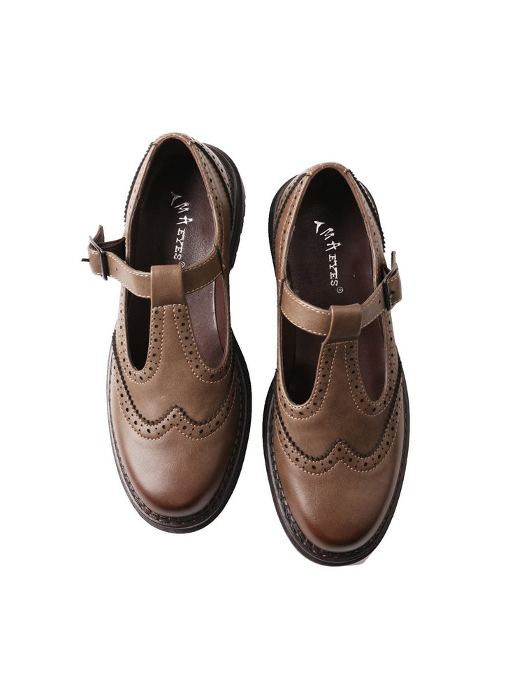 TMA EYES Platform Loafers Chunky T-Strap Hollow Round Toe Vintage Shoe