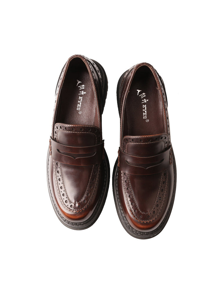 TMA EYES Leather Platform Loafers | Chunky Round Toe Slip-On British Style