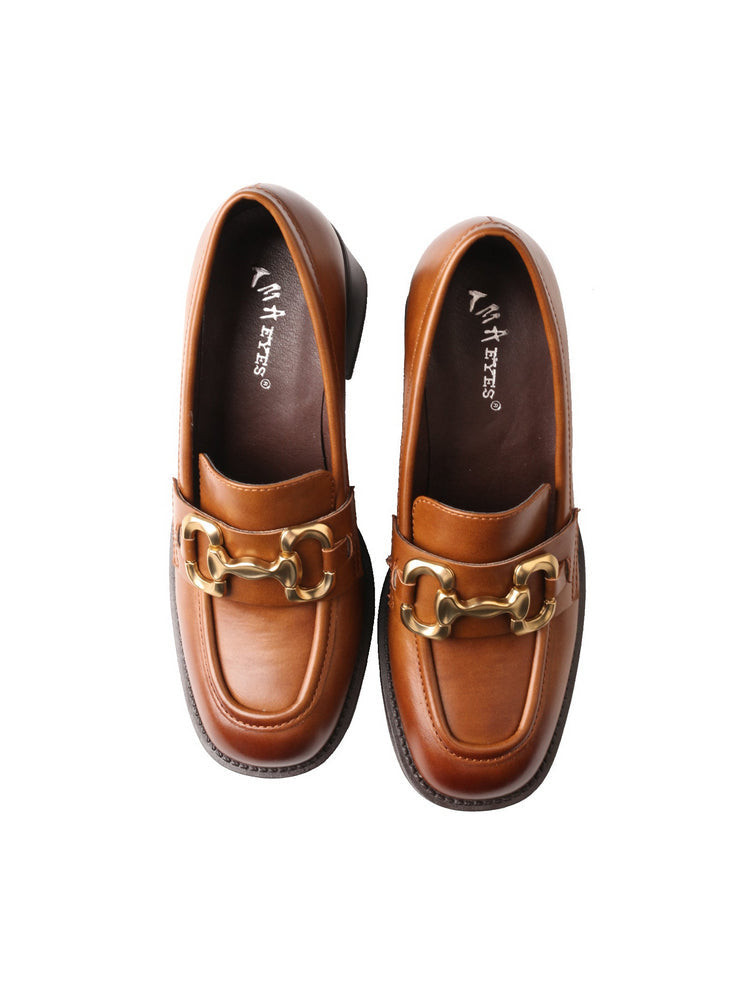 TMA EYES Leather Loafers   Chunky Heel Round Toe Slip-On Women's Casual