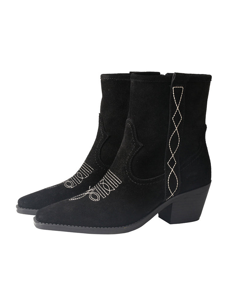 TMA EYES Suede Cowboy Boots  Retro Embroidered Mid-Calf Chunky Heel