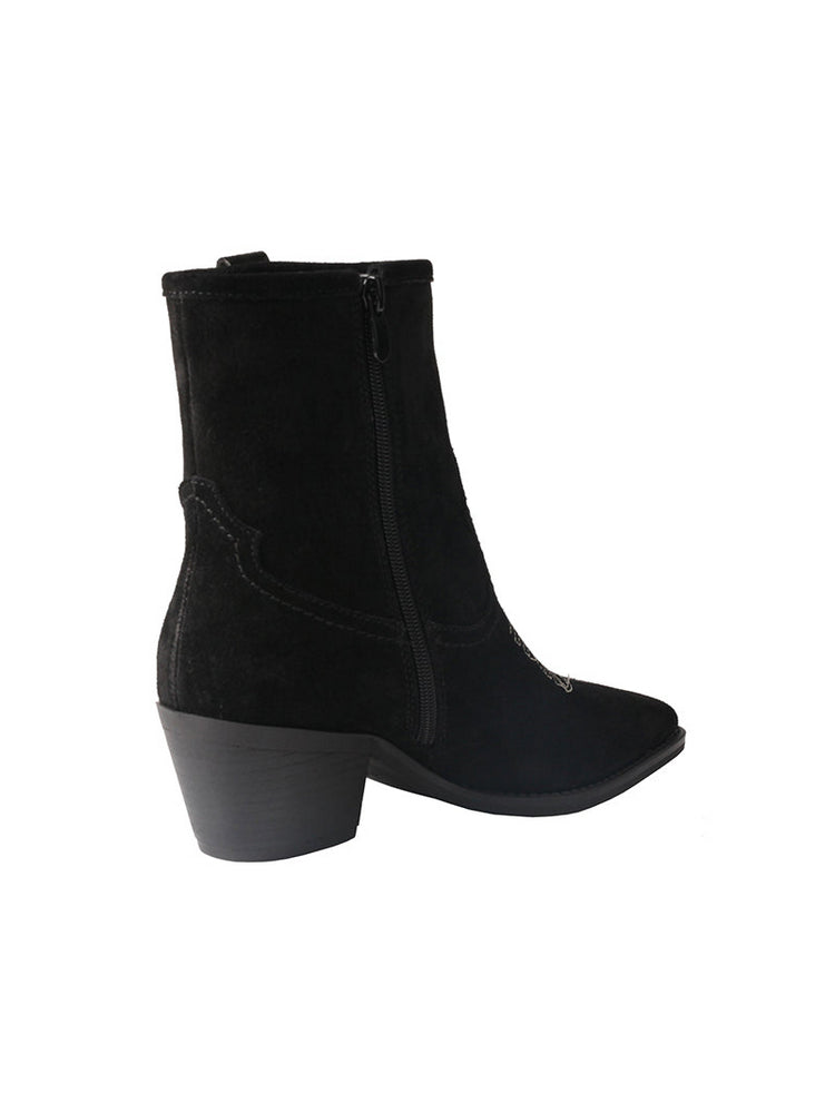 TMA EYES Suede Cowboy Boots  Retro Embroidered Mid-Calf Chunky Heel