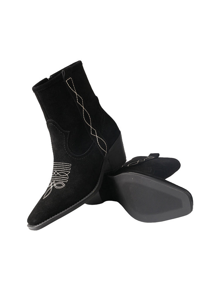 TMA EYES Suede Cowboy Boots  Retro Embroidered Mid-Calf Chunky Heel