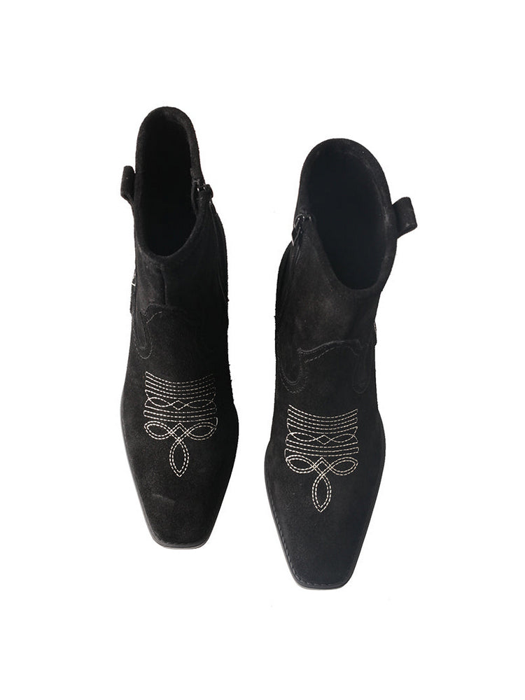 TMA EYES Suede Cowboy Boots  Retro Embroidered Mid-Calf Chunky Heel