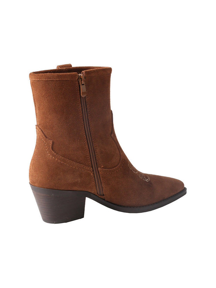 TMA EYES Suede Cowboy Boots  Retro Embroidered Mid-Calf Chunky Heel