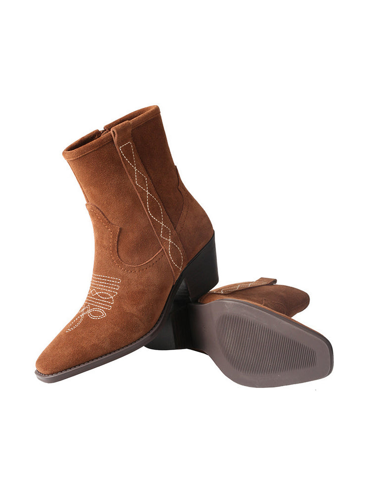 TMA EYES Suede Cowboy Boots  Retro Embroidered Mid-Calf Chunky Heel