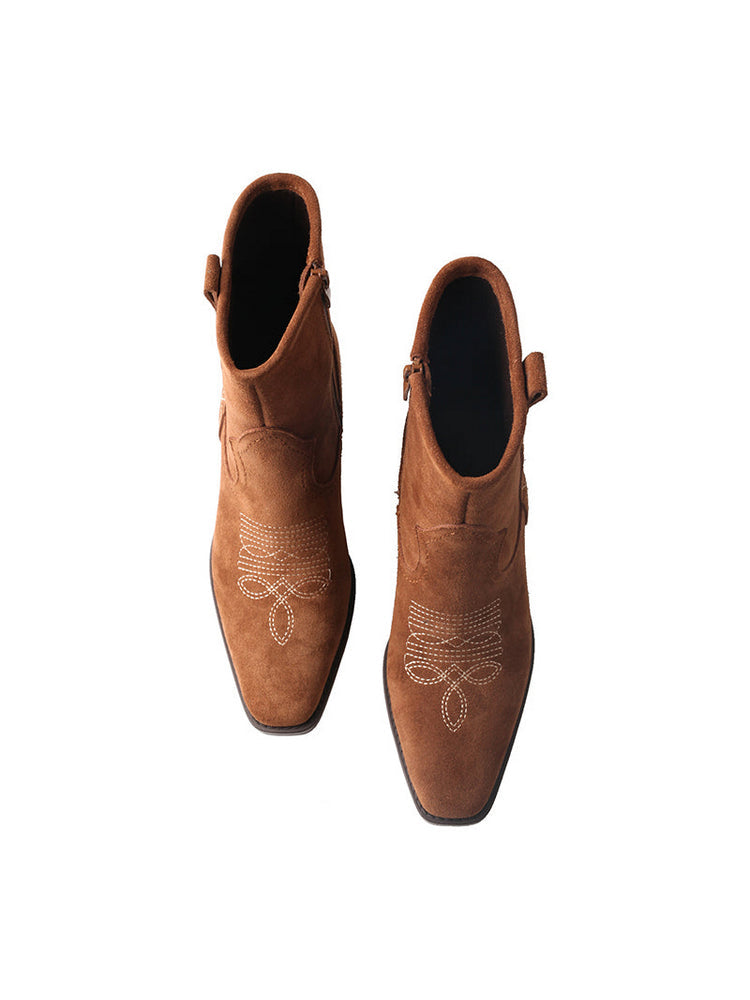 TMA EYES Suede Cowboy Boots  Retro Embroidered Mid-Calf Chunky Heel