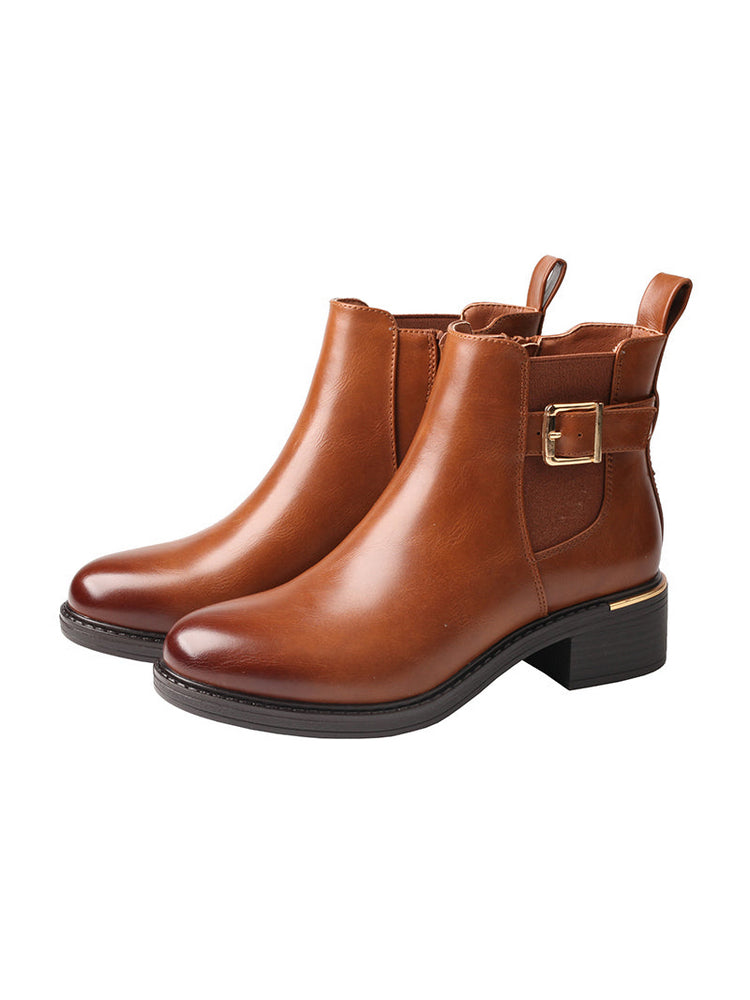 TMA EYES Women's Light brown Ankle Boots Low Square Heel Buckle Strap Side Zipper Casual Boots