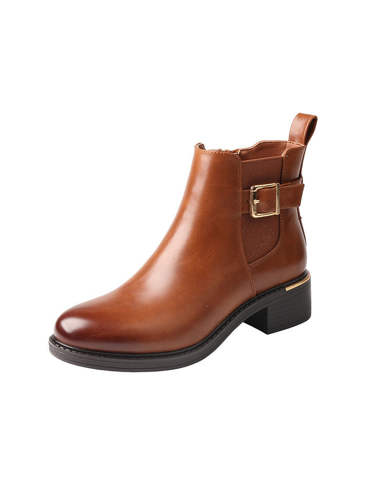 TMA EYES Women's Light brown Ankle Boots Low Square Heel Buckle Strap Side Zipper Casual Boots