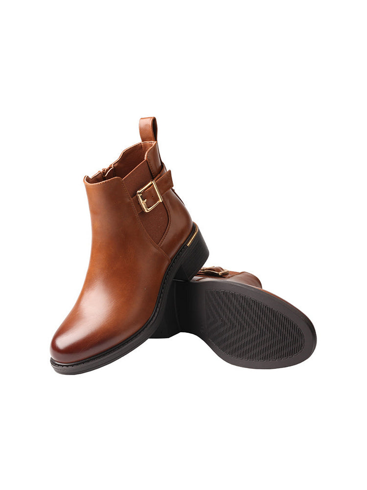 TMA EYES Women's Light brown Ankle Boots Low Square Heel Buckle Strap Side Zipper Casual Boots