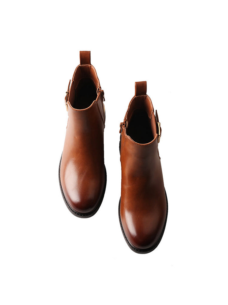 TMA EYES Women's Light brown Ankle Boots Low Square Heel Buckle Strap Side Zipper Casual Boots