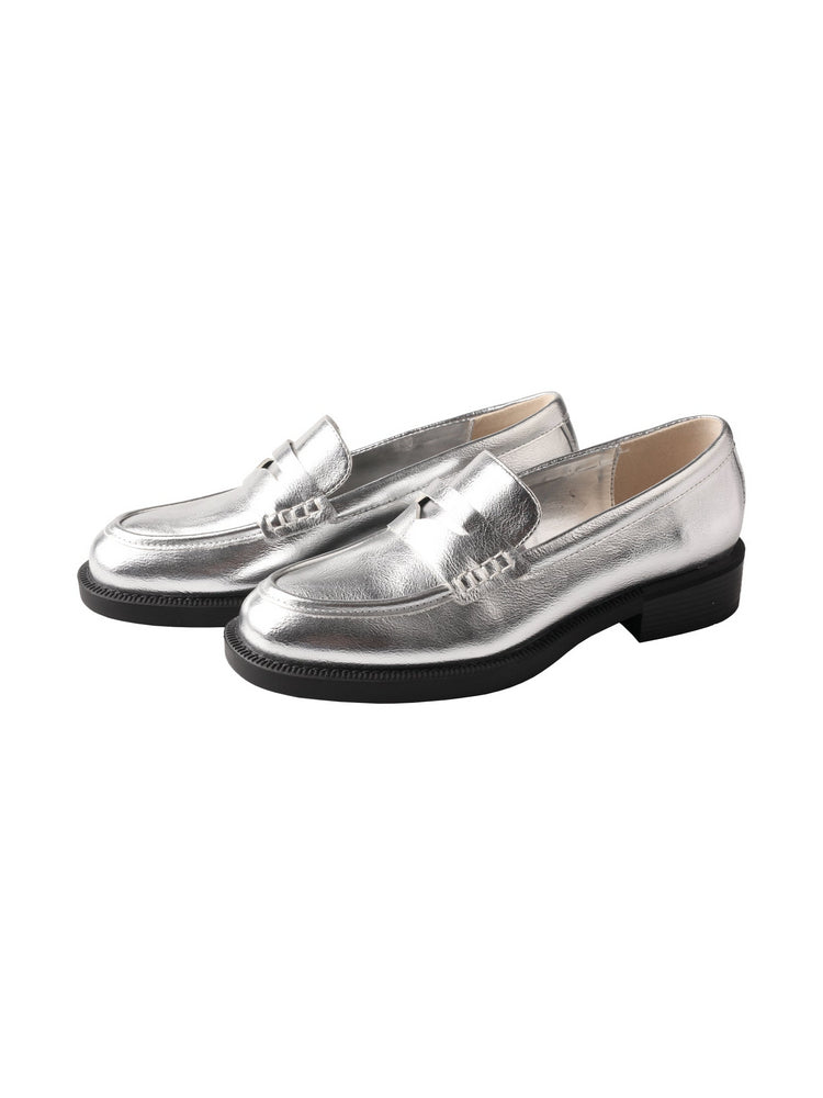 TMA EYES Shiny Silver Leather Loafers  Low Heel Slip-On Anti-Slip Women's