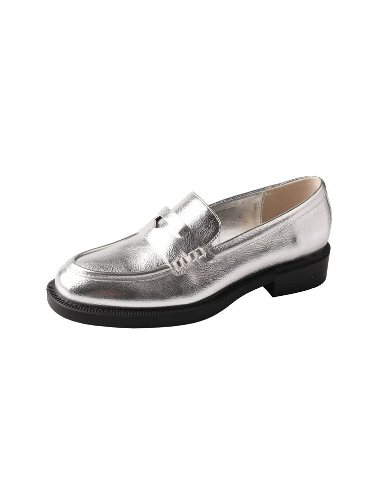 TMA EYES Shiny Silver Leather Loafers  Low Heel Slip-On Anti-Slip Women's