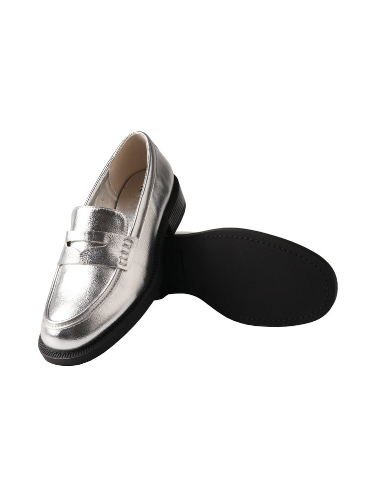 TMA EYES Shiny Silver Leather Loafers  Low Heel Slip-On Anti-Slip Women's