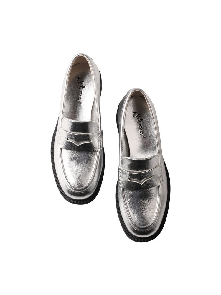 TMA EYES Shiny Silver Leather Loafers  Low Heel Slip-On Anti-Slip Women's