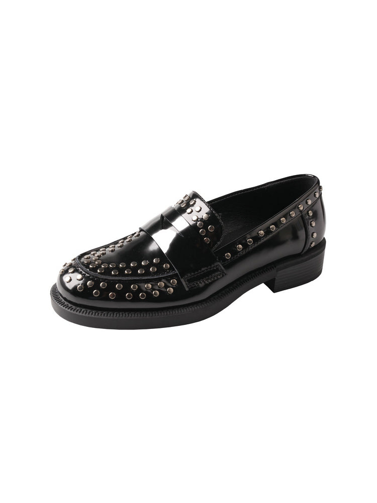 TMA EYES Patent Leather Loafers  Studded Low Block Heel Slip-On Anti-Slip