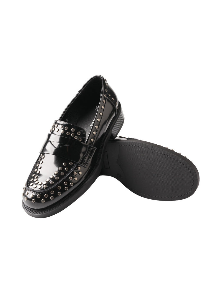 TMA EYES Patent Leather Loafers  Studded Low Block Heel Slip-On Anti-Slip