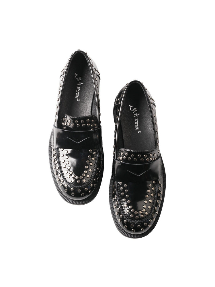 TMA EYES Patent Leather Loafers  Studded Low Block Heel Slip-On Anti-Slip