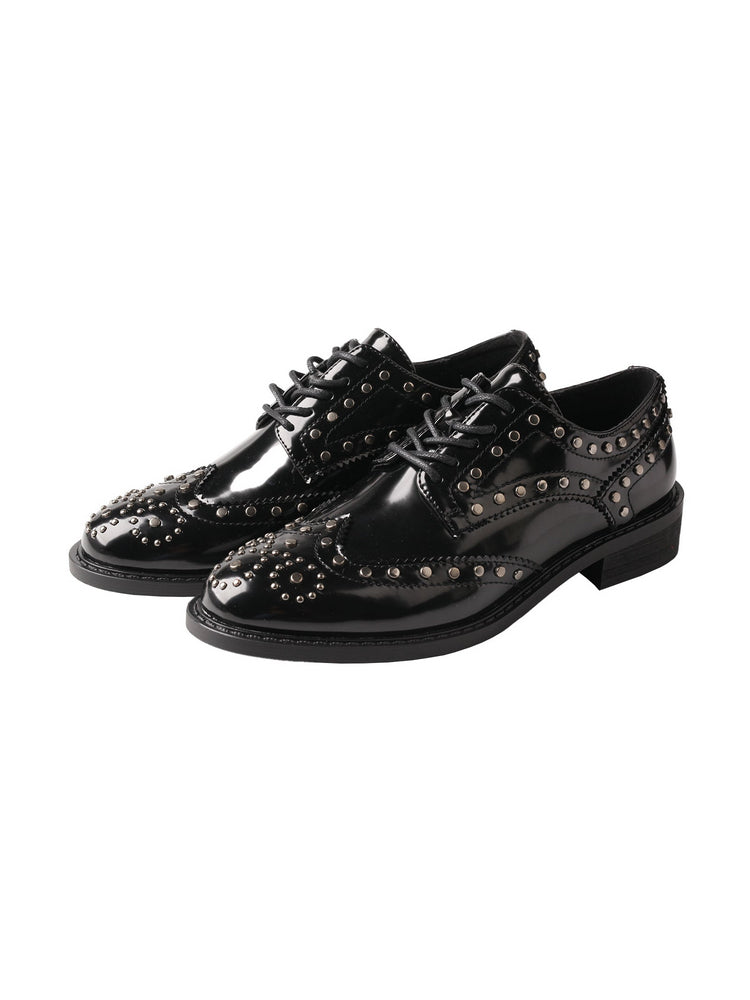 TMA EYES Patent Leather Loafers  Pointed-Toe Lace-Up Studded Low Block Heel
