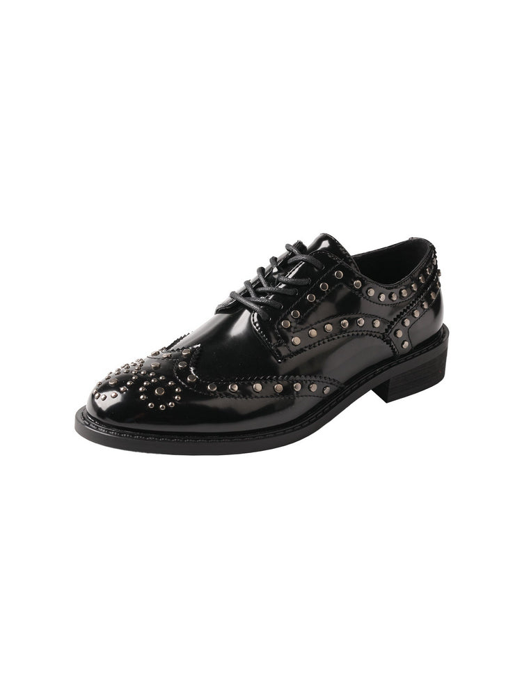 TMA EYES Patent Leather Loafers  Pointed-Toe Lace-Up Studded Low Block Heel