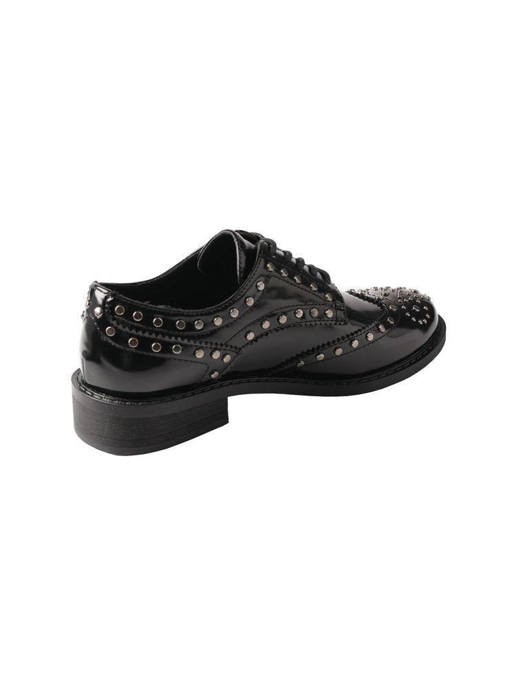 TMA EYES Patent Leather Loafers  Pointed-Toe Lace-Up Studded Low Block Heel