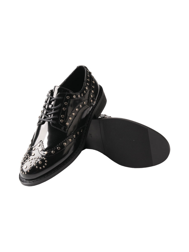 TMA EYES Patent Leather Loafers  Pointed-Toe Lace-Up Studded Low Block Heel