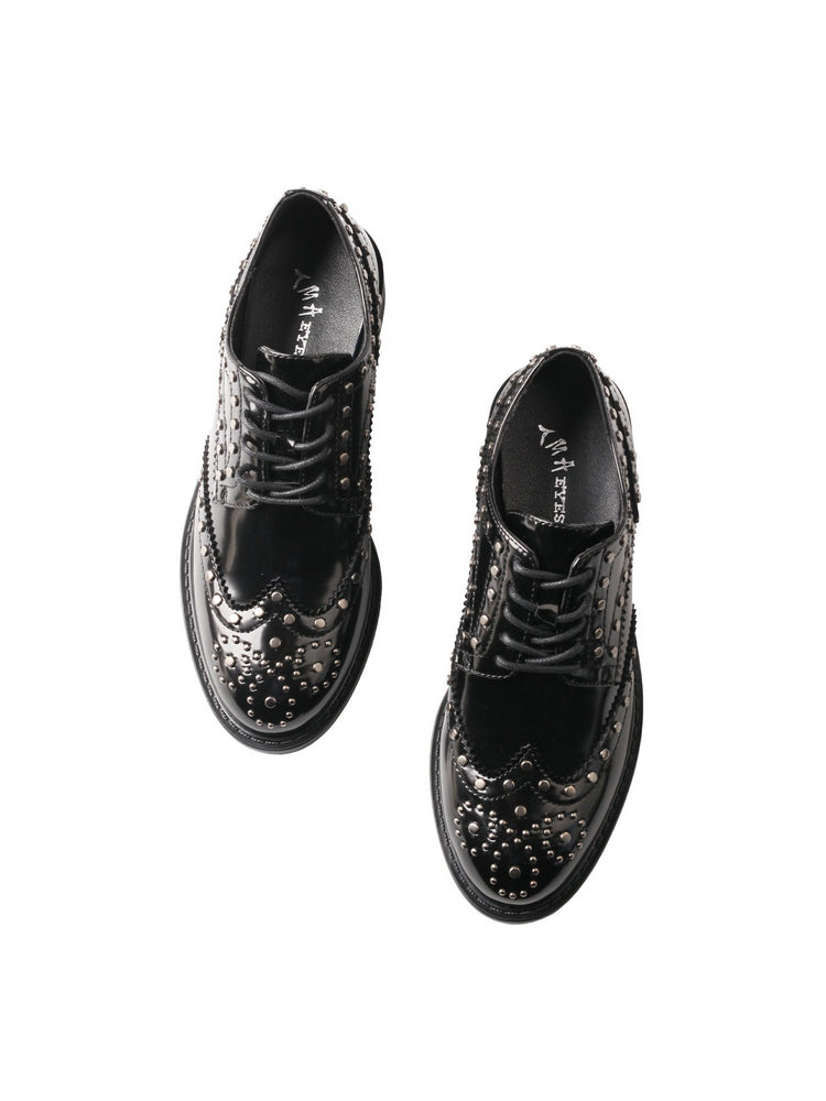TMA EYES Patent Leather Loafers  Pointed-Toe Lace-Up Studded Low Block Heel