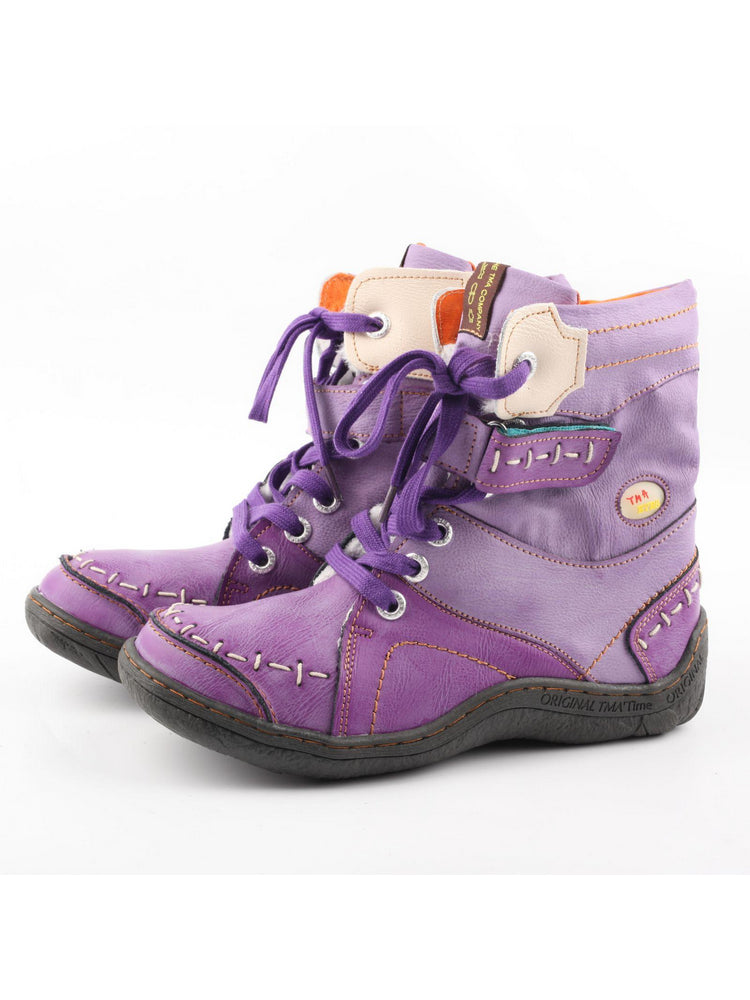 TMA EYES Mid-Calf Boots   Patchwork Leather PU Hand Stitched Lace-Up Women's