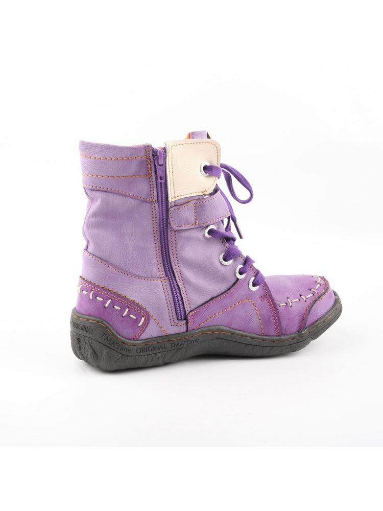 TMA EYES Mid-Calf Boots   Patchwork Leather PU Hand Stitched Lace-Up Women's