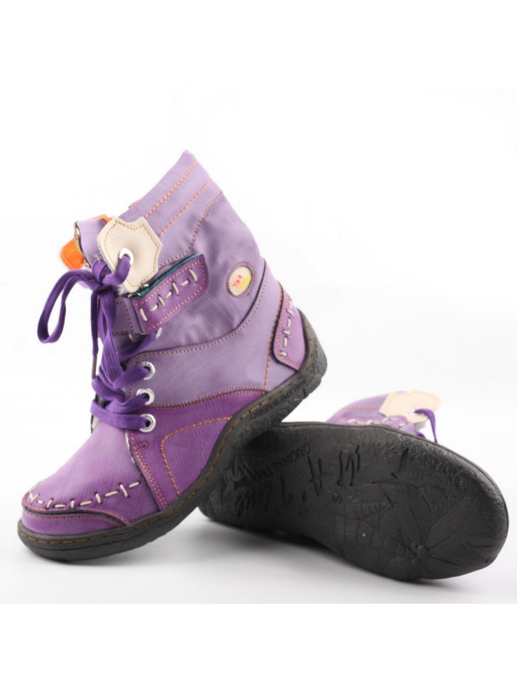 TMA EYES Mid-Calf Boots   Patchwork Leather PU Hand Stitched Lace-Up Women's