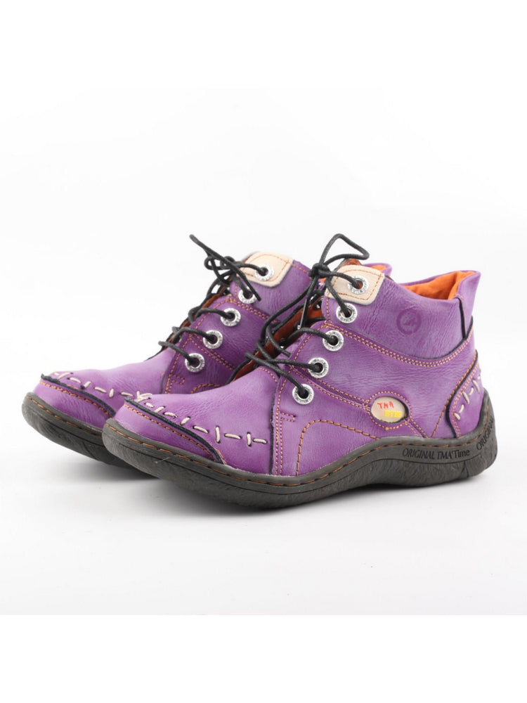 TMA EYES Handwork Leather Casual Boots  Low Heel Stitching Lace-up Women's