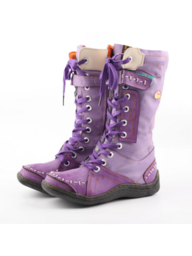 TMA EYES Faux Fur Mid-Calf Boots  Patchwork Leather/PU Hand Stitched Lace-Up