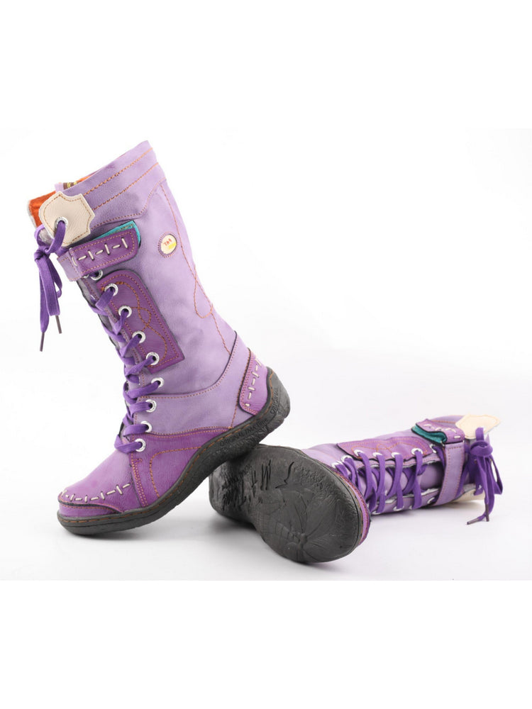 TMA EYES Faux Fur Mid-Calf Boots  Patchwork Leather/PU Hand Stitched Lace-Up