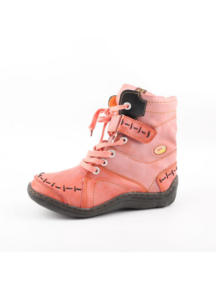 TMA EYES Mid-Calf Boots   Patchwork Leather PU Hand Stitched Lace-Up Women's