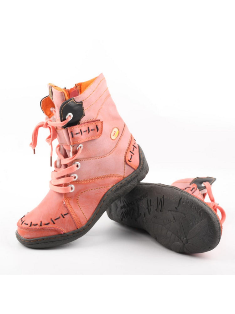 TMA EYES Mid-Calf Boots   Patchwork Leather PU Hand Stitched Lace-Up Women's