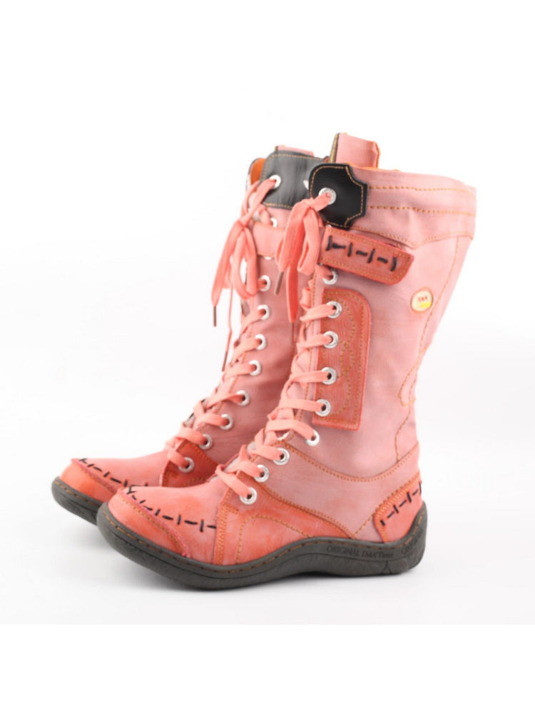 TMA EYES Faux Fur Mid-Calf Boots  Patchwork Leather/PU Hand Stitched Lace-Up