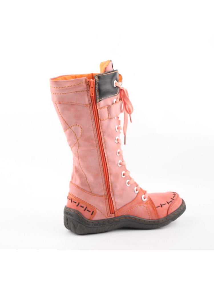 TMA EYES Faux Fur Mid-Calf Boots  Patchwork Leather/PU Hand Stitched Lace-Up