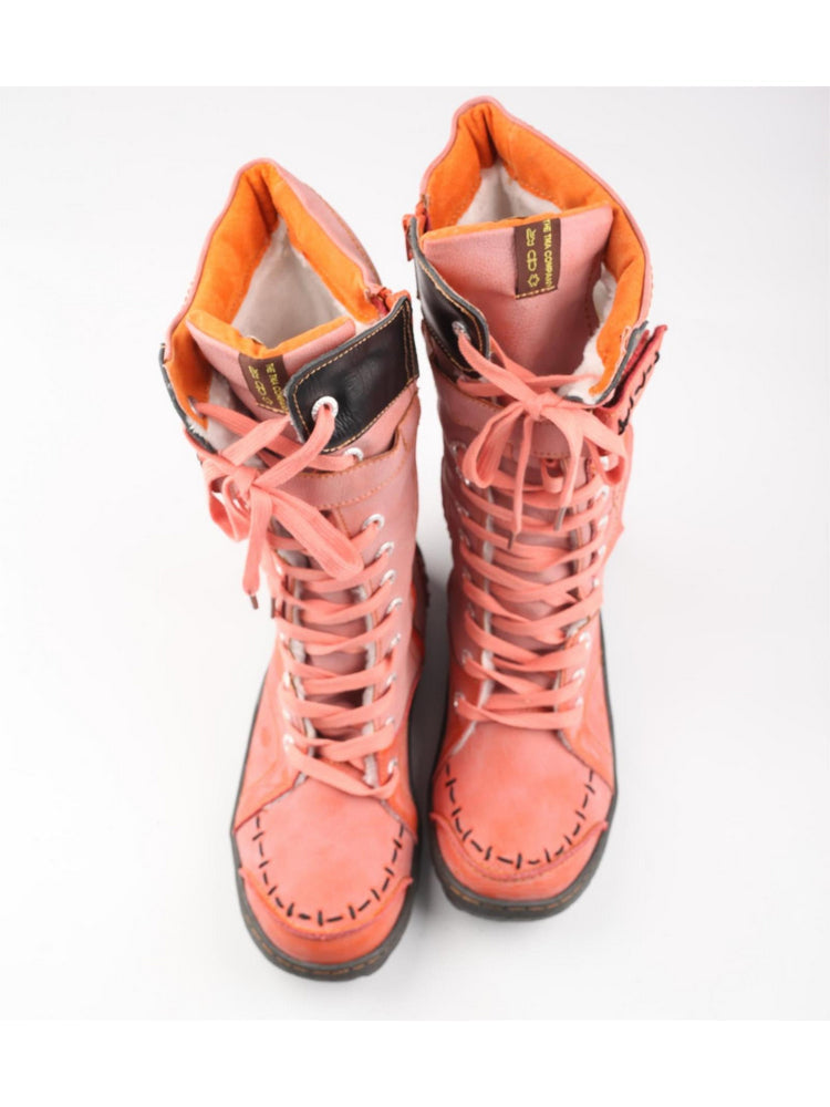 TMA EYES Faux Fur Mid-Calf Boots  Patchwork Leather/PU Hand Stitched Lace-Up