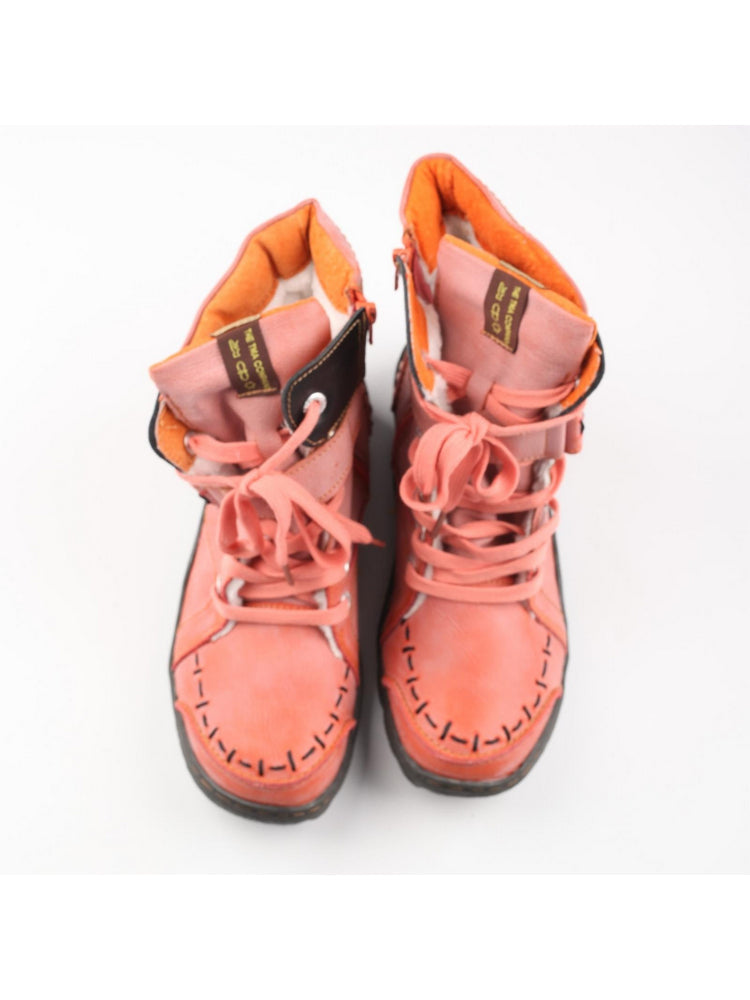 TMA EYES Mid-Calf Boots   Patchwork Leather PU Hand Stitched Lace-Up Women's