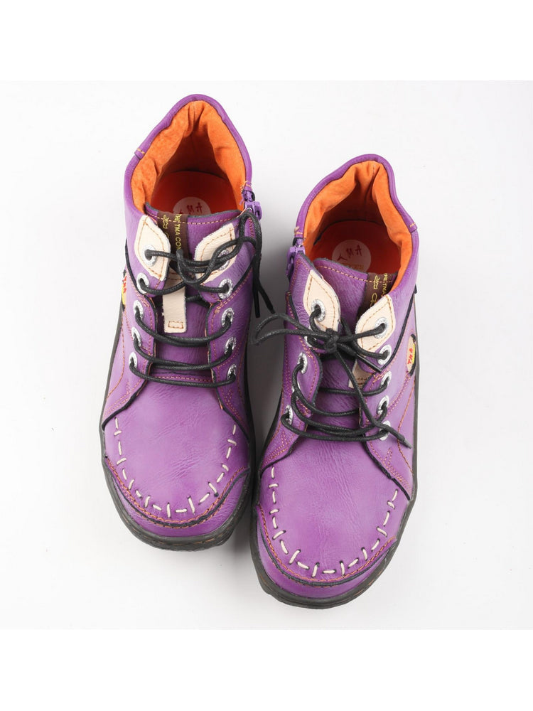 TMA EYES Handwork Leather Casual Boots  Low Heel Stitching Lace-up Women's