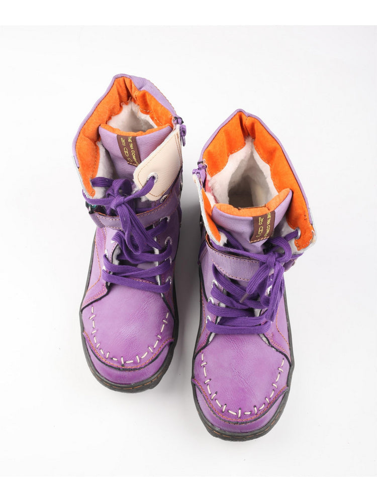 TMA EYES Mid-Calf Boots   Patchwork Leather PU Hand Stitched Lace-Up Women's