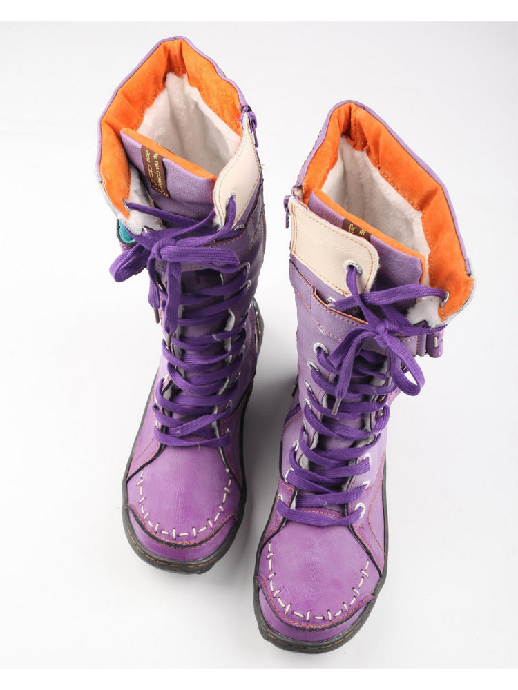 TMA EYES Faux Fur Mid-Calf Boots  Patchwork Leather/PU Hand Stitched Lace-Up