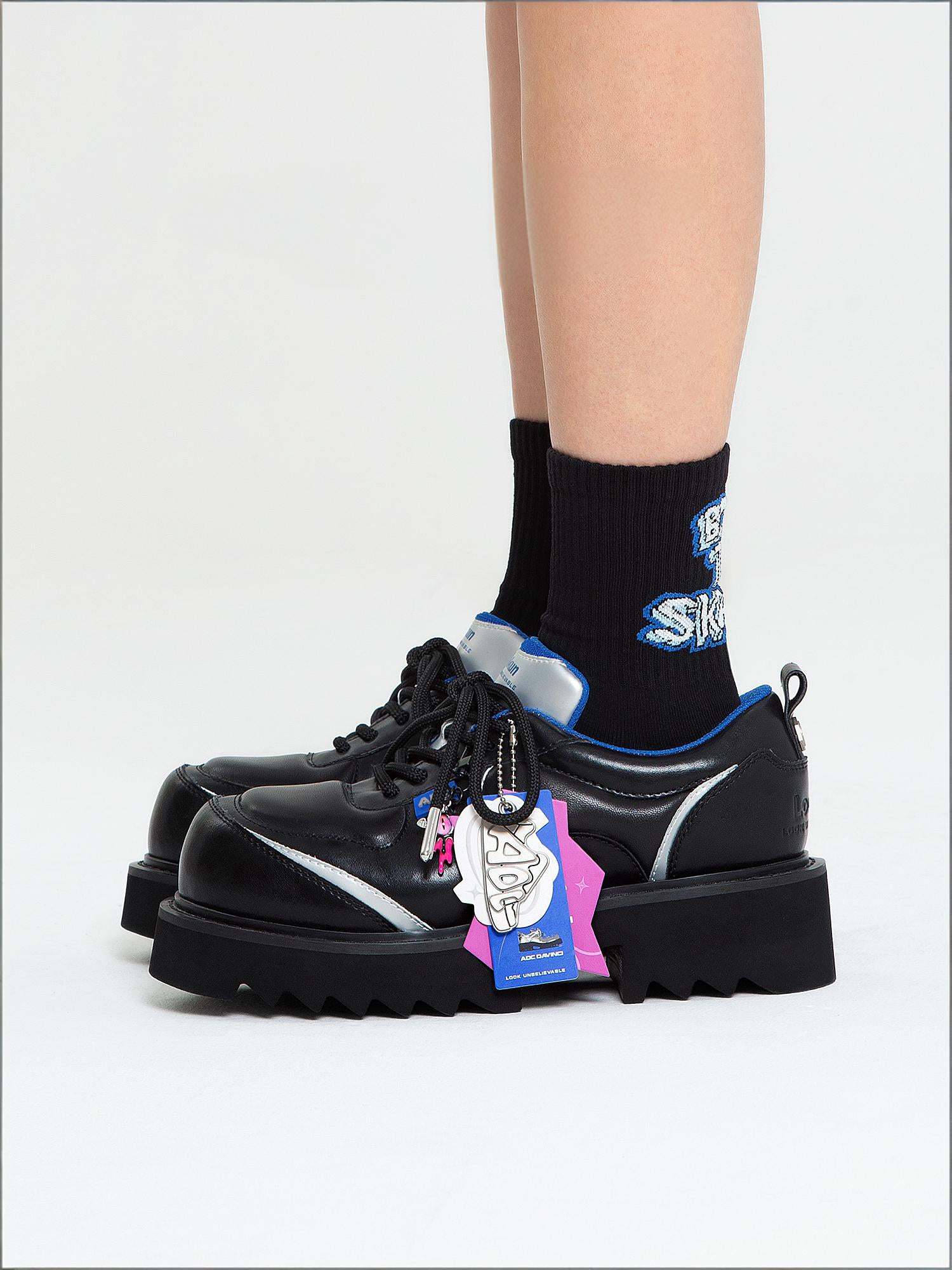 ADC Silver Star Low-Top Sneaker Black Leather Chunky Platform Shoe